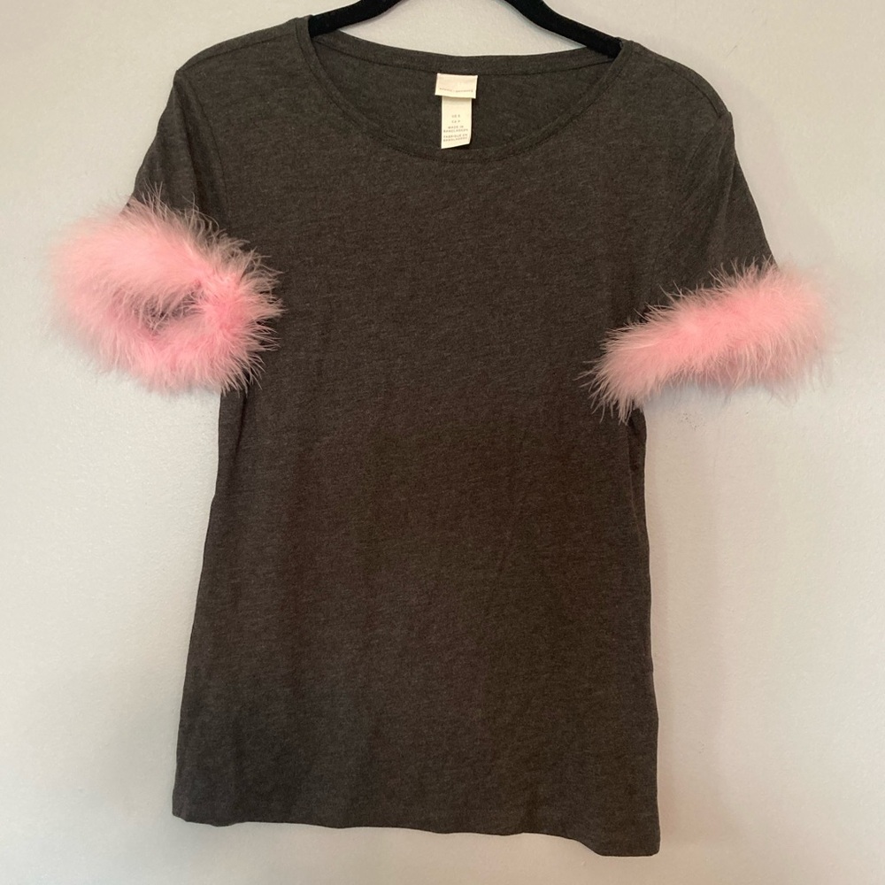 NWOT H&M gray heather tee with Pink Feather Sleeves accents sz Sc